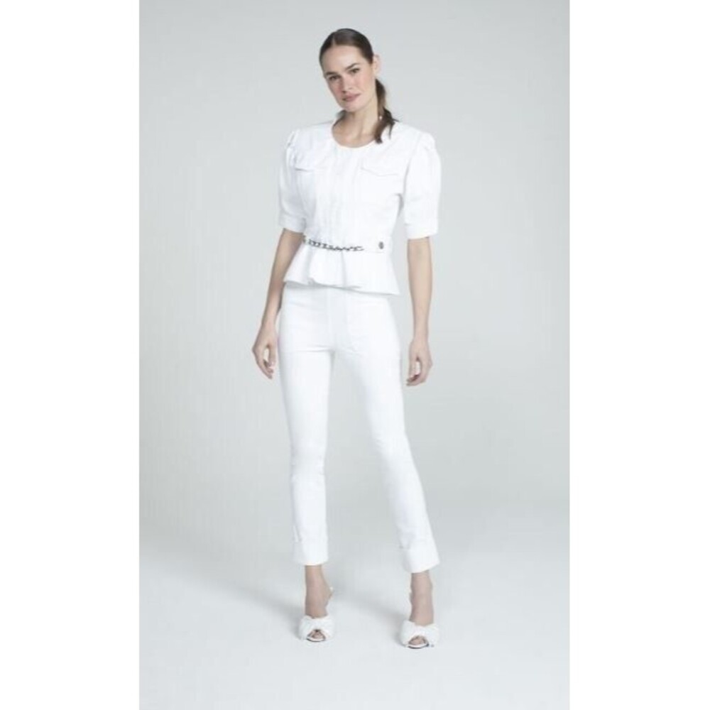 Andrea Bogosian Denim Jacket Womens White Samoa Short Sleeve NWT $276 Size M